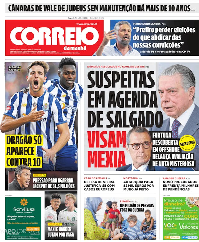 Capa jornal Correio da Manhã 2024-09-30