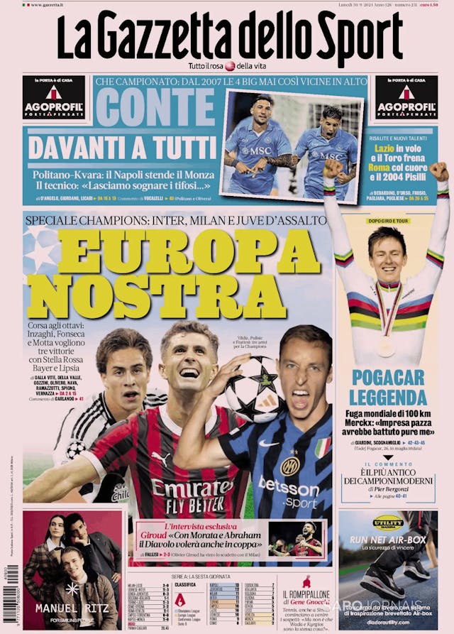 Capa jornal Gazzetta dello Sport 2024-09-30