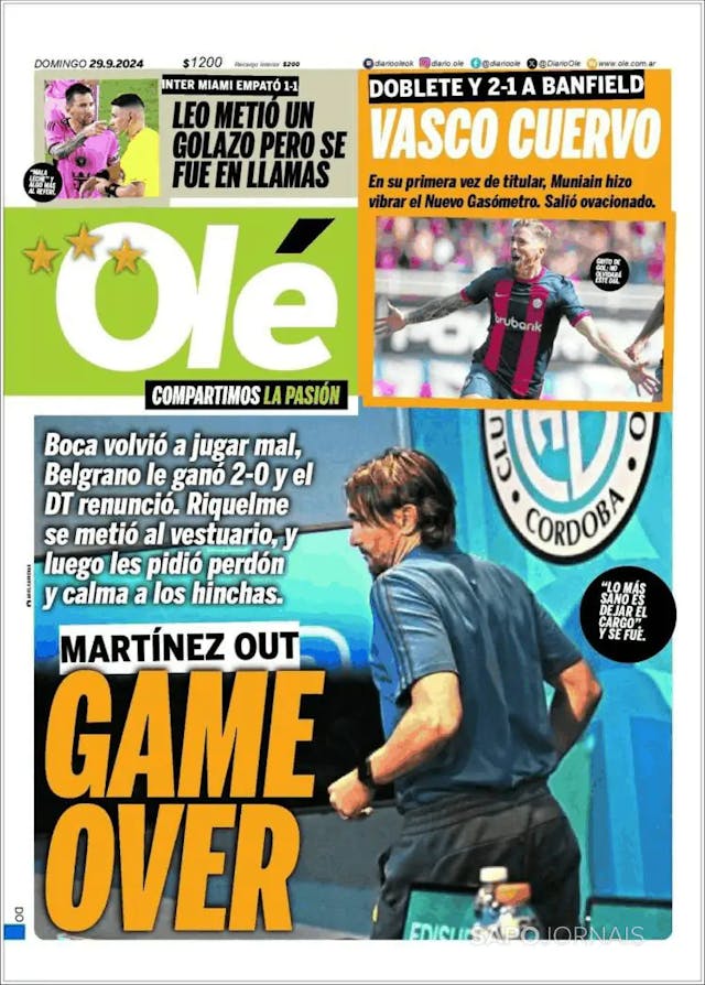 Capa jornal Olé 2024-09-29