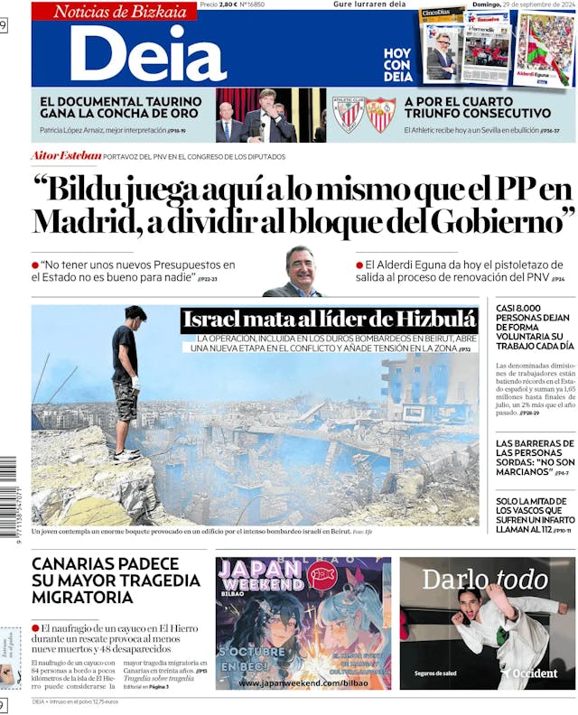 Capa jornal Deia-Noticias de Bizkaia 2024-09-29