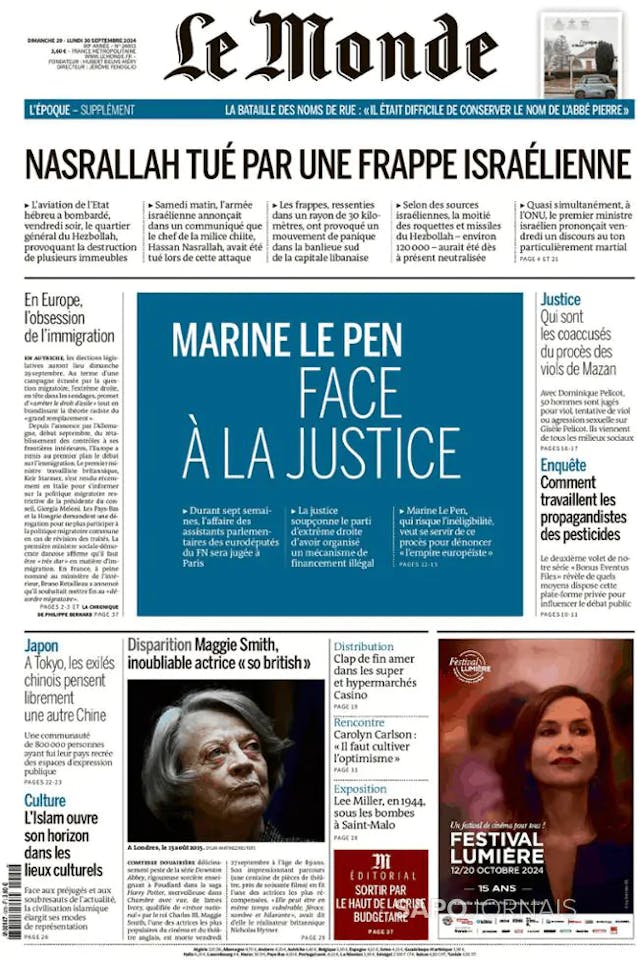 Capa jornal Le Monde 2024-09-30