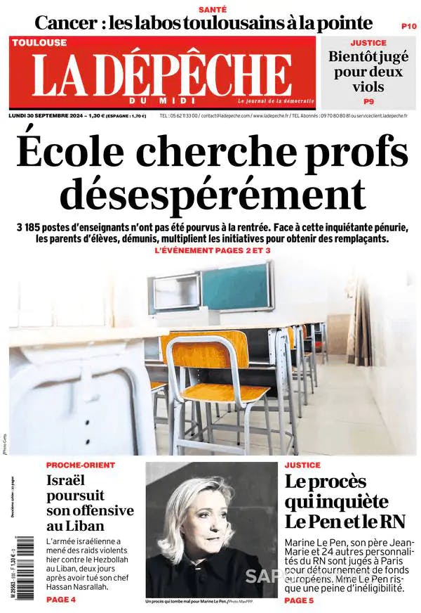 Capa jornal La Dépêche du Midi 2024-09-30