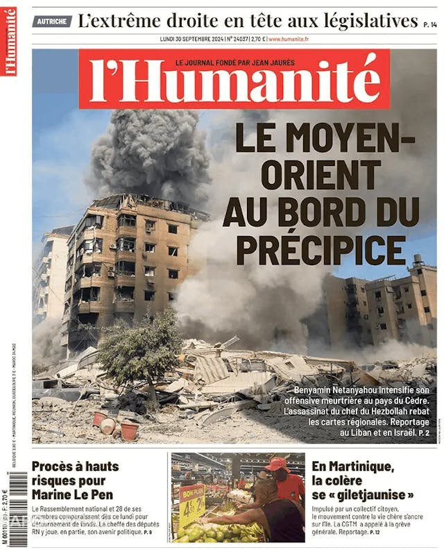 Capa jornal L'Humanité 2024-09-30