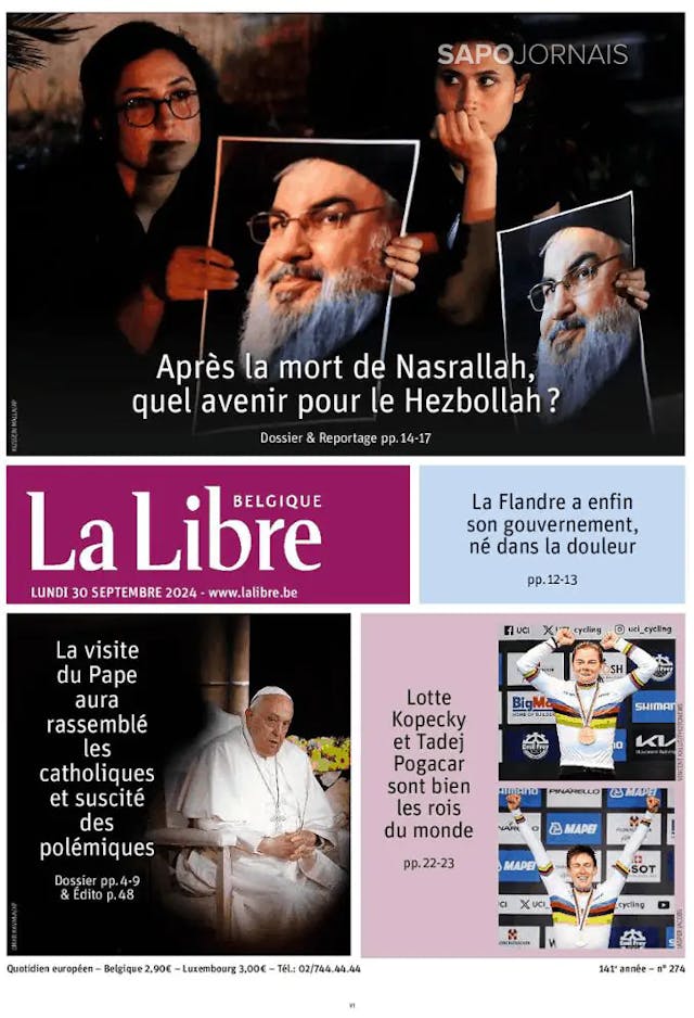 Capa jornal La Libre Belgique 2024-09-30