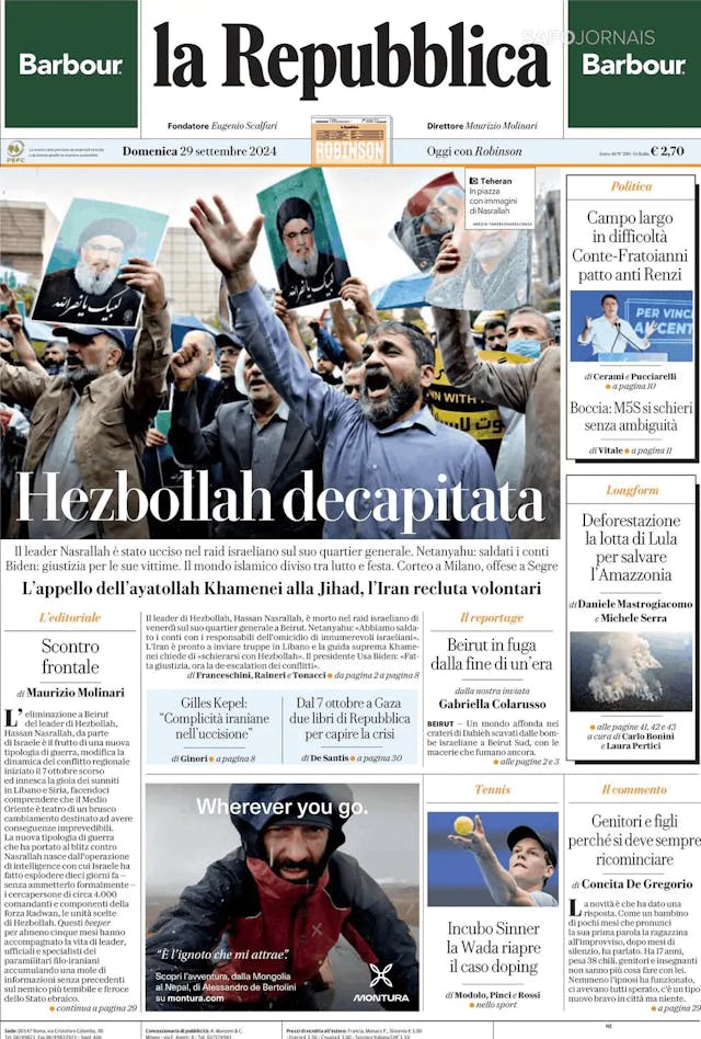 Capa jornal La Repubblica 2024-09-29