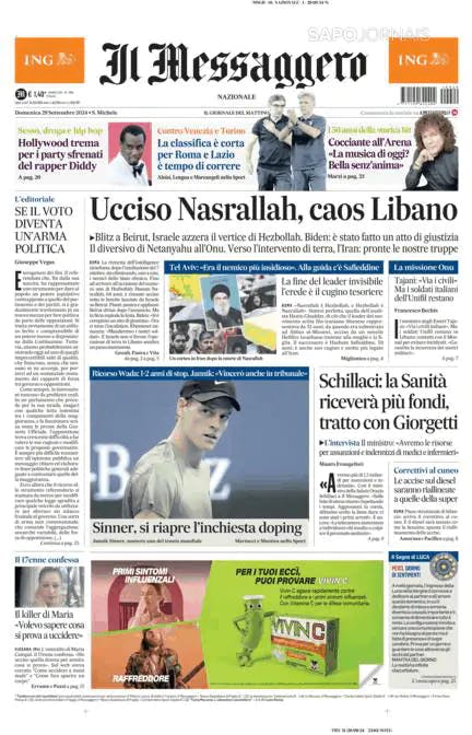 Capa jornal Il Messaggero 2024-09-29