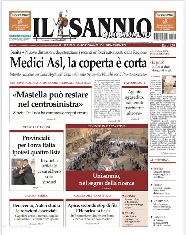 Capa jornal Il Sannio Quotidiano 2024-09-29