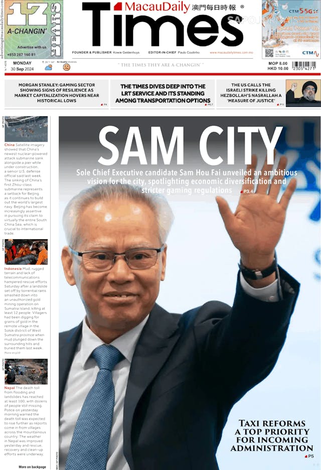 Capa jornal Macau Daily Times 2024-09-30