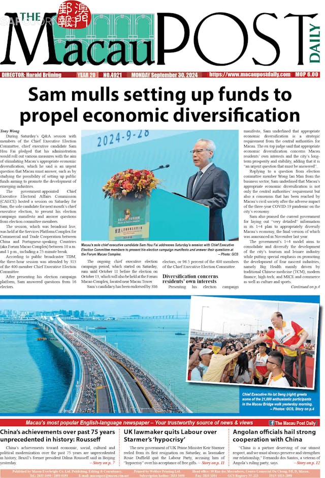 Capa jornal The Macau Post Daily 2024-09-30