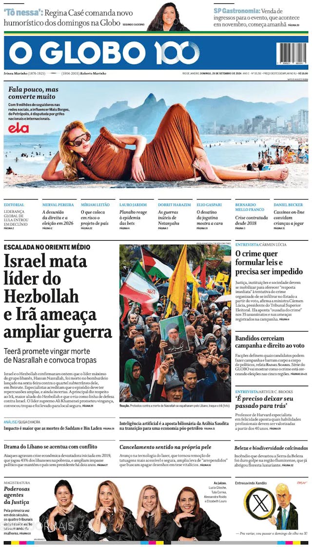 Capa jornal O Globo 2024-09-29