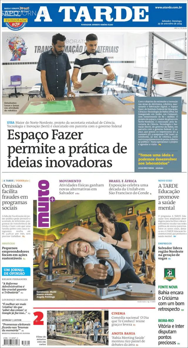 Capa jornal A Tarde 2024-09-29