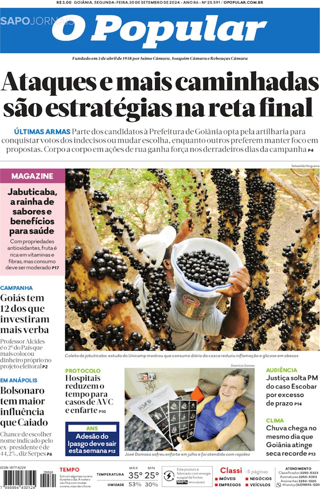 Capa jornal O Popular 2024-09-30