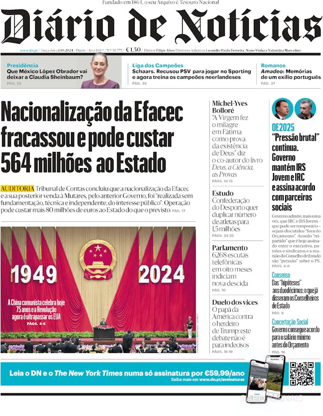 Capa jornal Diário de Notícias 2024-10-01