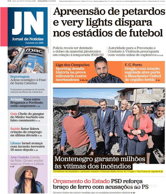 Capa jornal Jornal de Notícias 2024-10-01