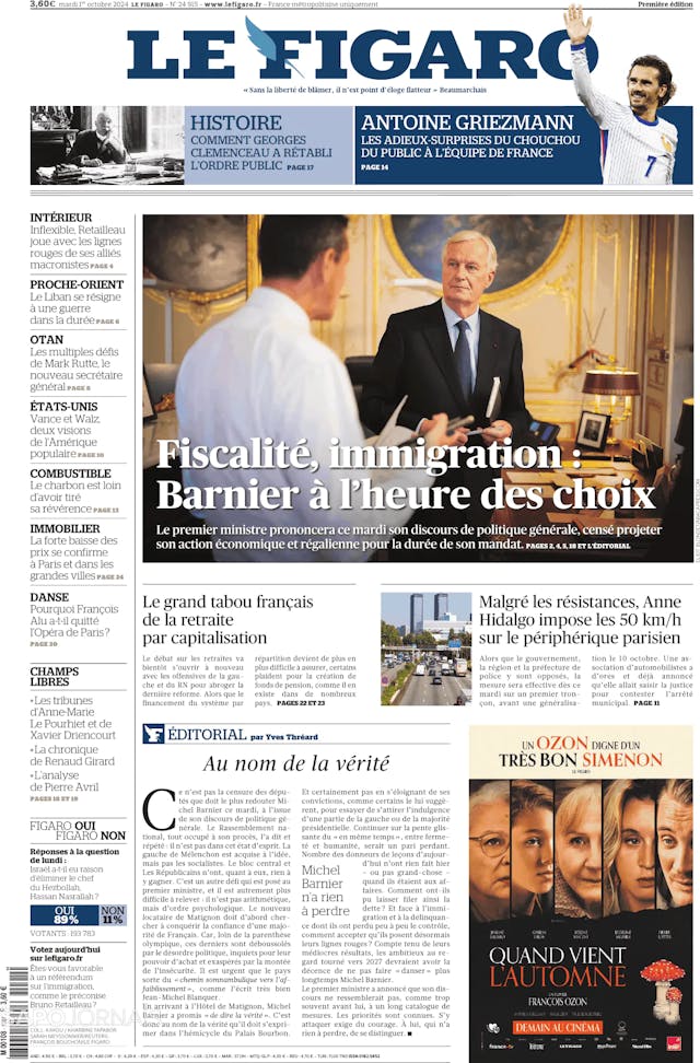 Capa jornal Le Figaro 2024-10-01