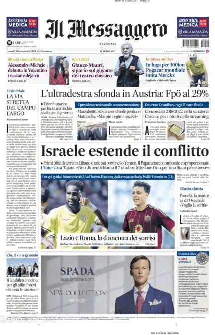 Capa jornal Il Messaggero 2024-09-30