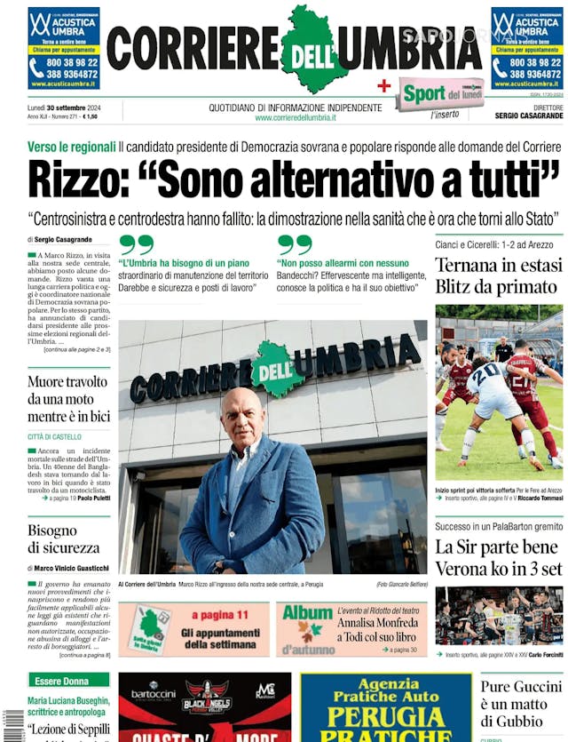 Capa jornal Corriere dell'Umbria 2024-09-30