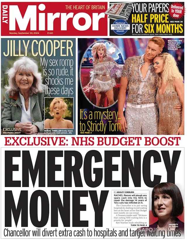 Capa jornal Daily Mirror 2024-09-30