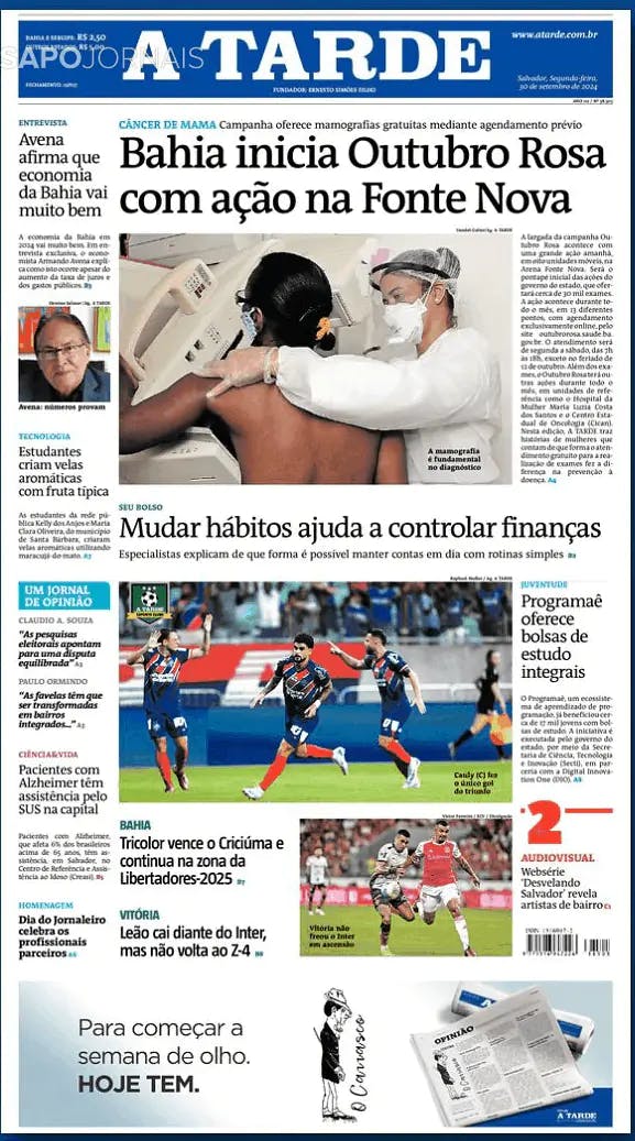 Capa jornal A Tarde 2024-09-30