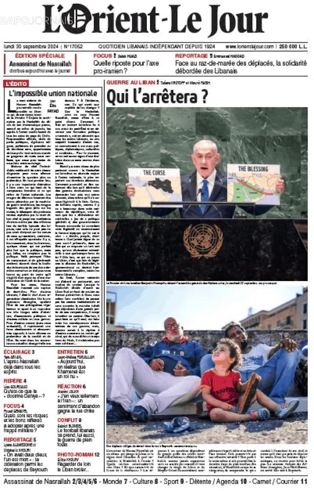 Capa jornal L'orient le jour 2024-09-30