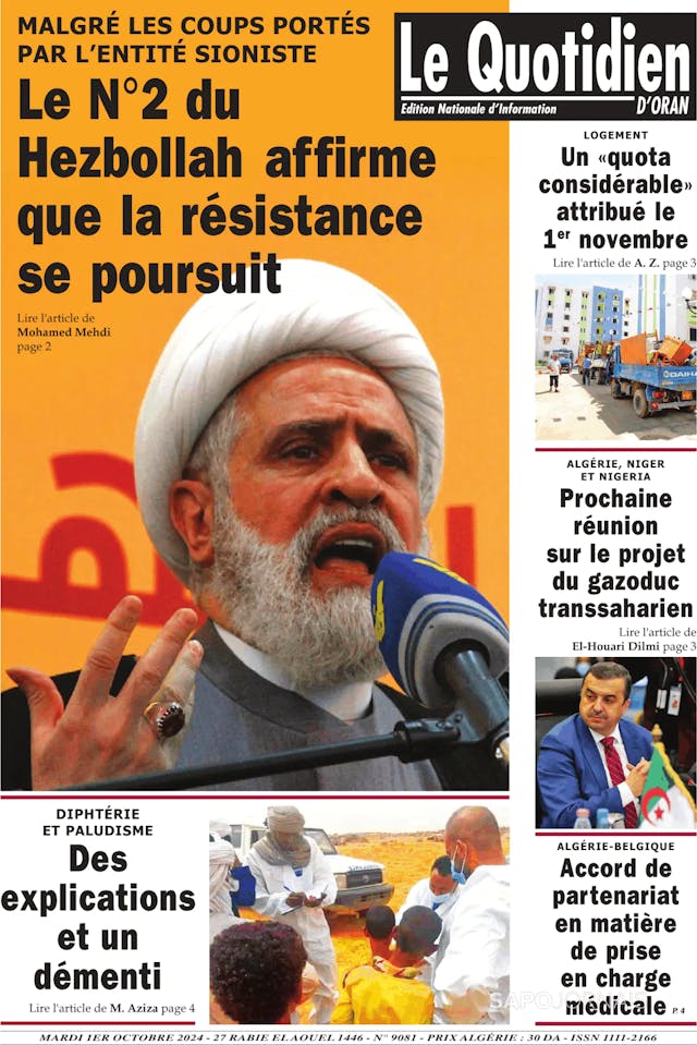 Capa jornal Le Quotidien D’Oran 2024-10-01