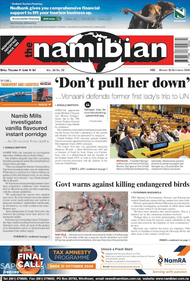 Capa jornal The Namibian 2024-09-30