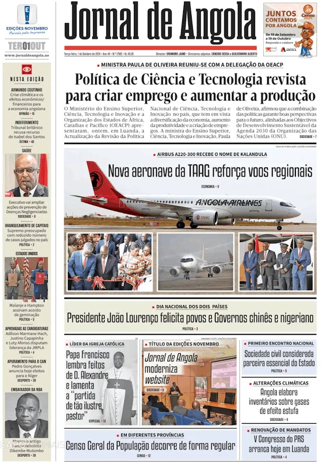 Capa jornal Jornal de Angola 2024-10-01