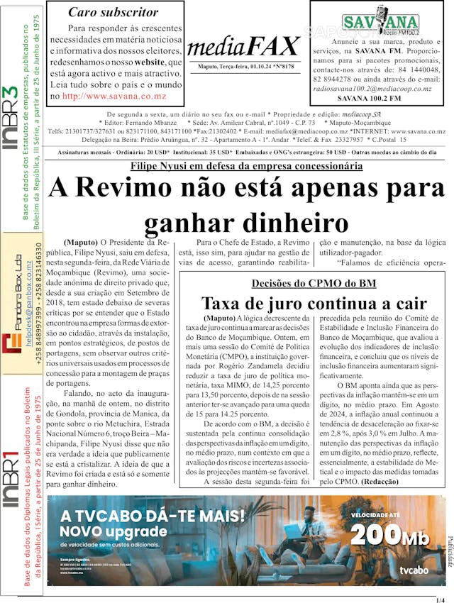 Capa jornal Mediafax 2024-10-01