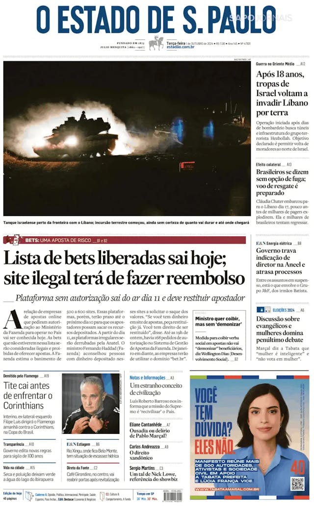 Capa jornal O Estado de S. Paulo 2024-10-01