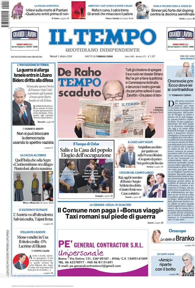 Capa jornal Il Tempo 2024-10-01