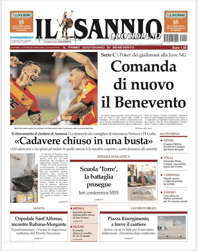 Capa jornal Il Sannio Quotidiano 2024-10-01