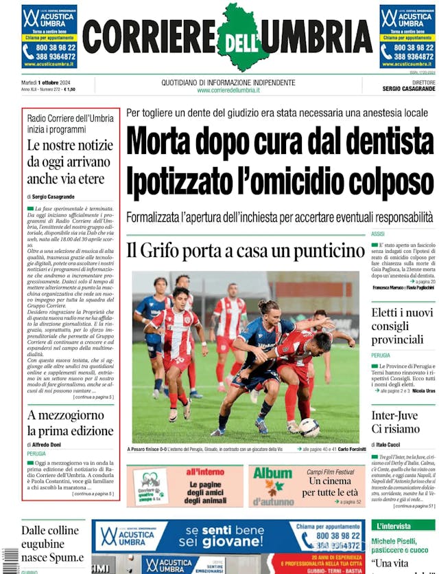 Capa jornal Corriere dell'Umbria 2024-10-01