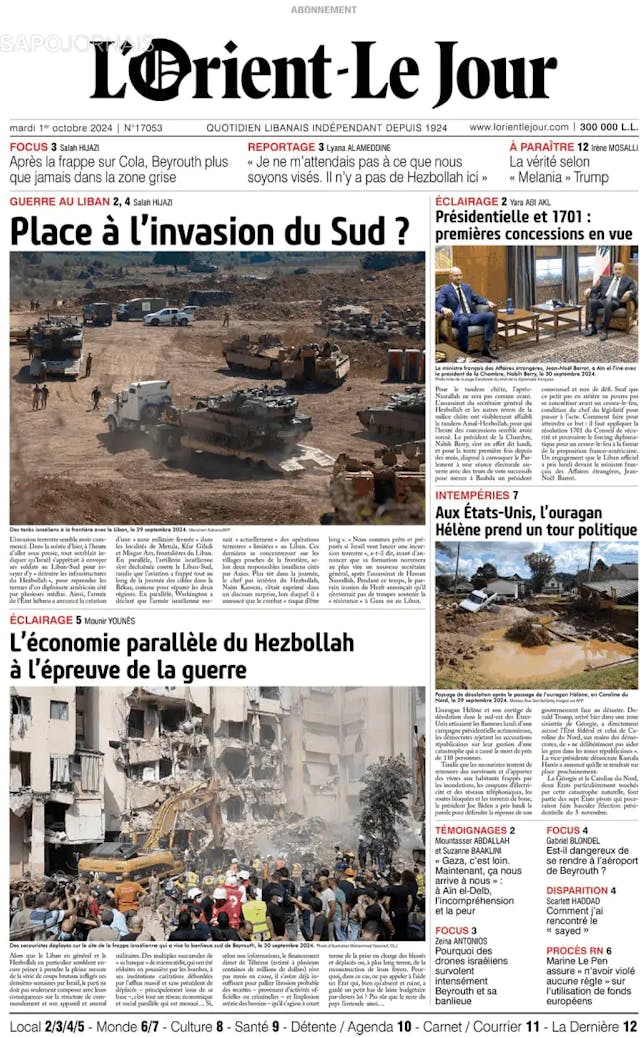 Capa jornal L'orient le jour 2024-10-01