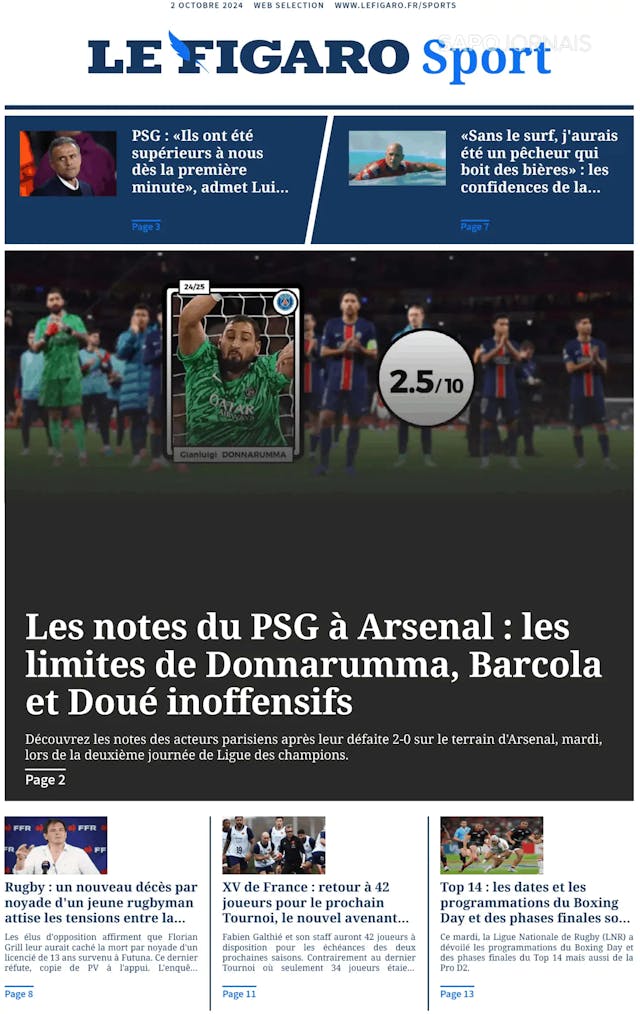 Capa jornal Le Figaro Sport 2024-10-02