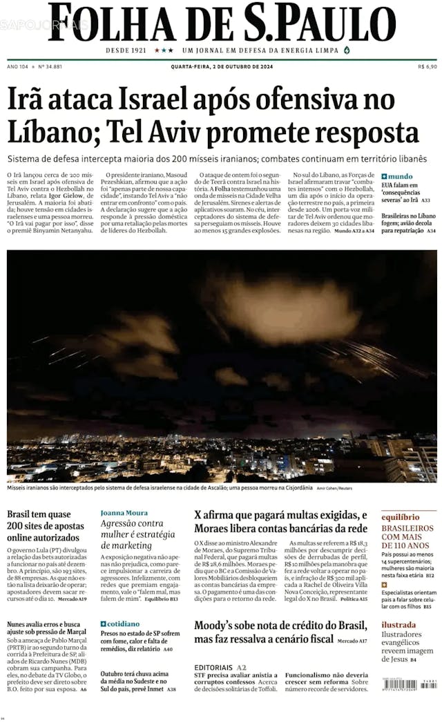 Capa jornal Folha de S. Paulo 2024-10-02