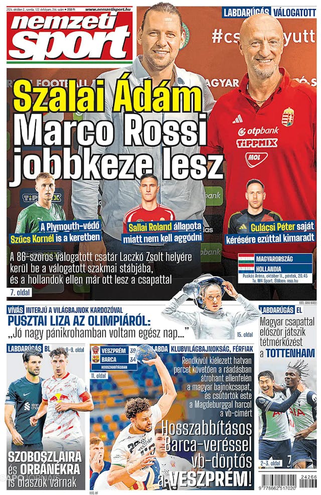 Capa jornal Nemzeti Sport 2024-10-02