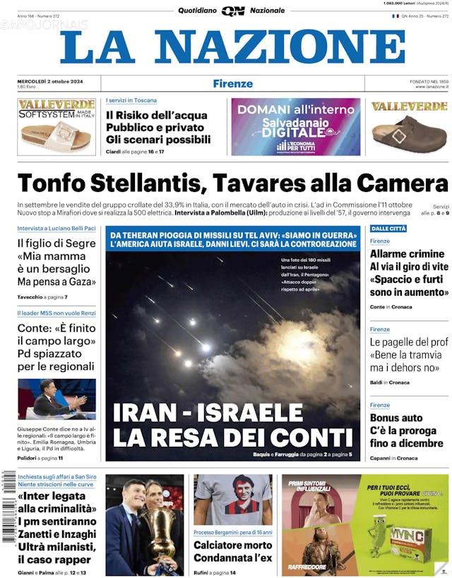 Capa jornal La Nazione 2024-10-02