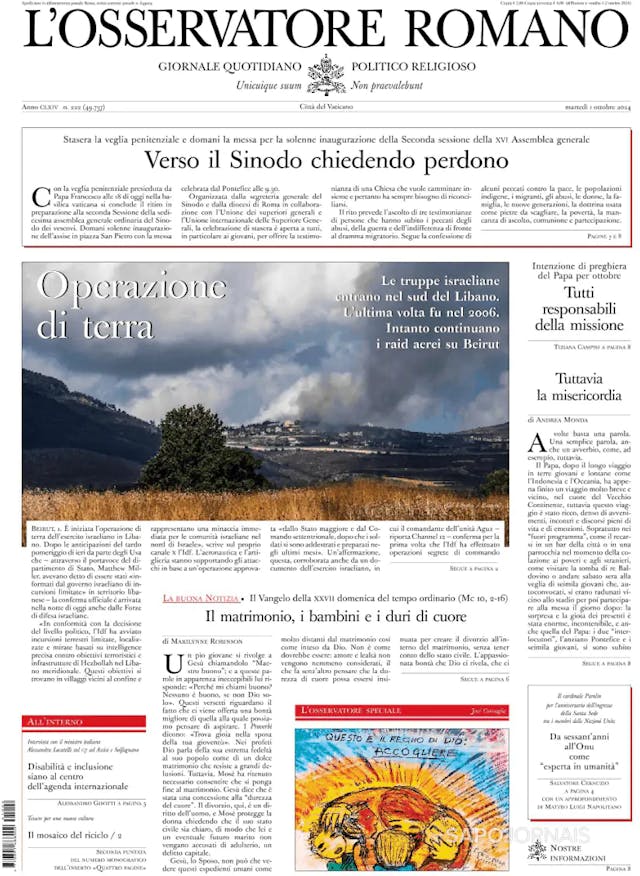 Capa jornal L'Osservatore Romano 2024-10-02