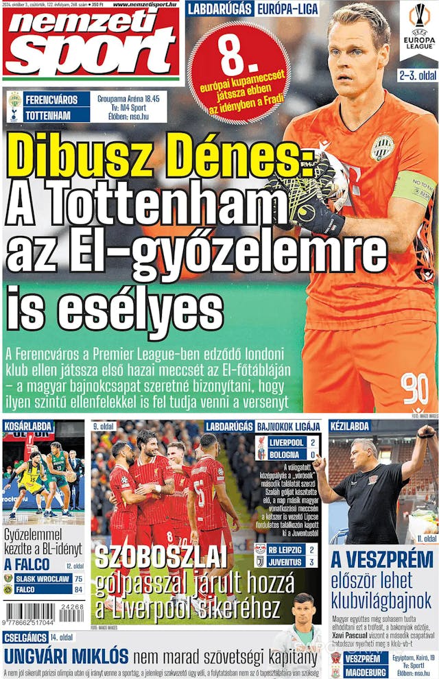 Capa jornal Nemzeti Sport 2024-10-03