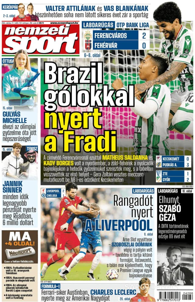 Capa jornal Nemzeti Sport 2024-10-21