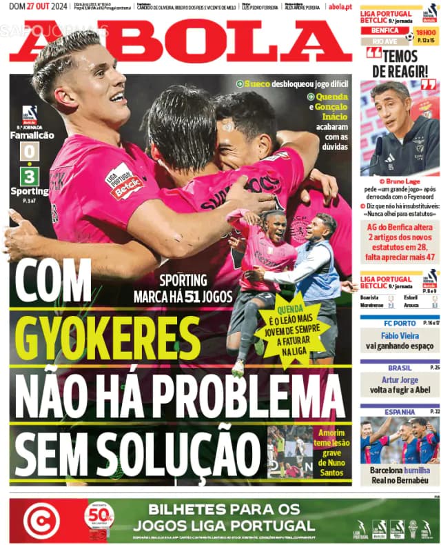 Capa jornal A Bola 2024-10-27