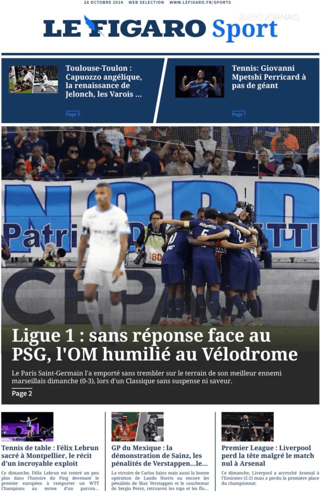 Capa jornal Le Figaro Sport 2024-10-28