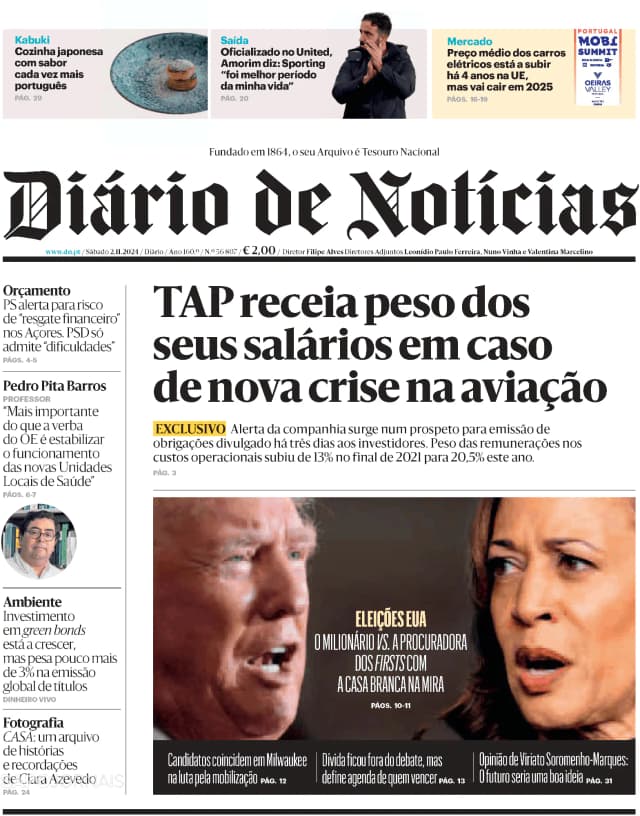 Capa jornal Diário de Notícias 2024-11-02