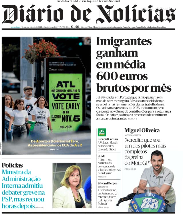 Capa jornal Diário de Notícias 2024-11-04