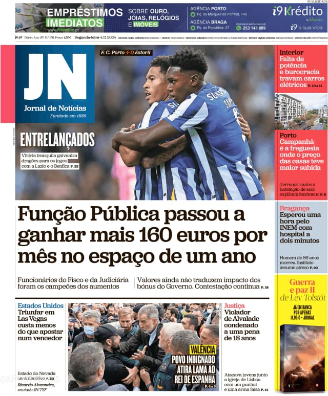 Capa jornal Jornal de Notícias 2024-11-04