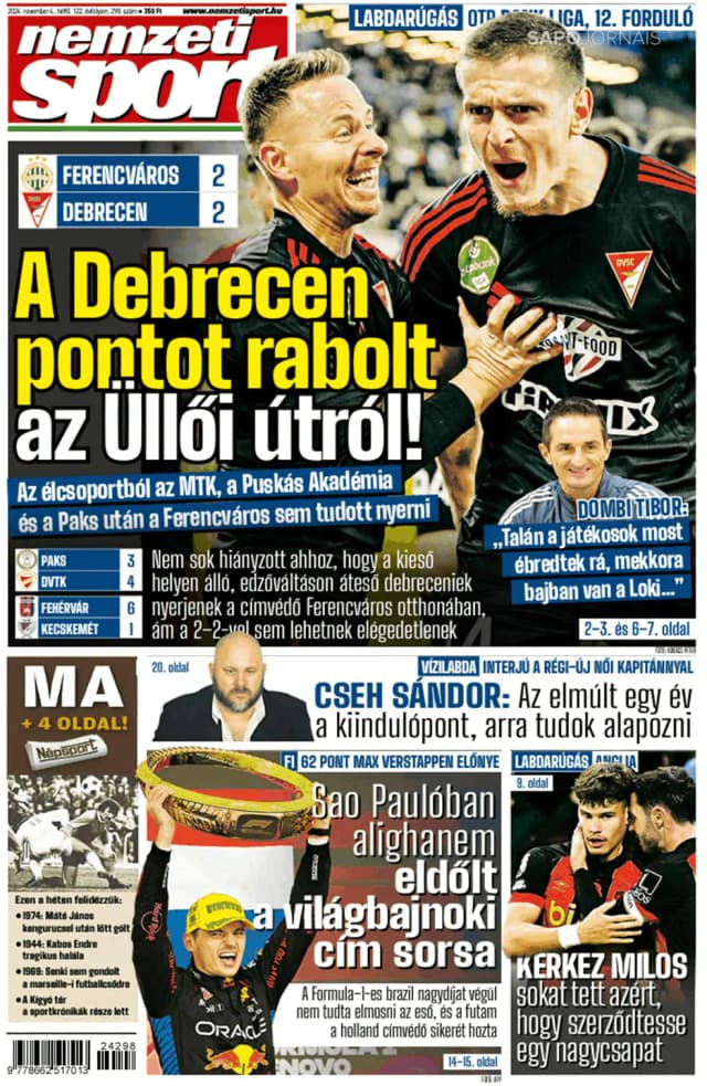 Capa jornal Nemzeti Sport 2024-11-04