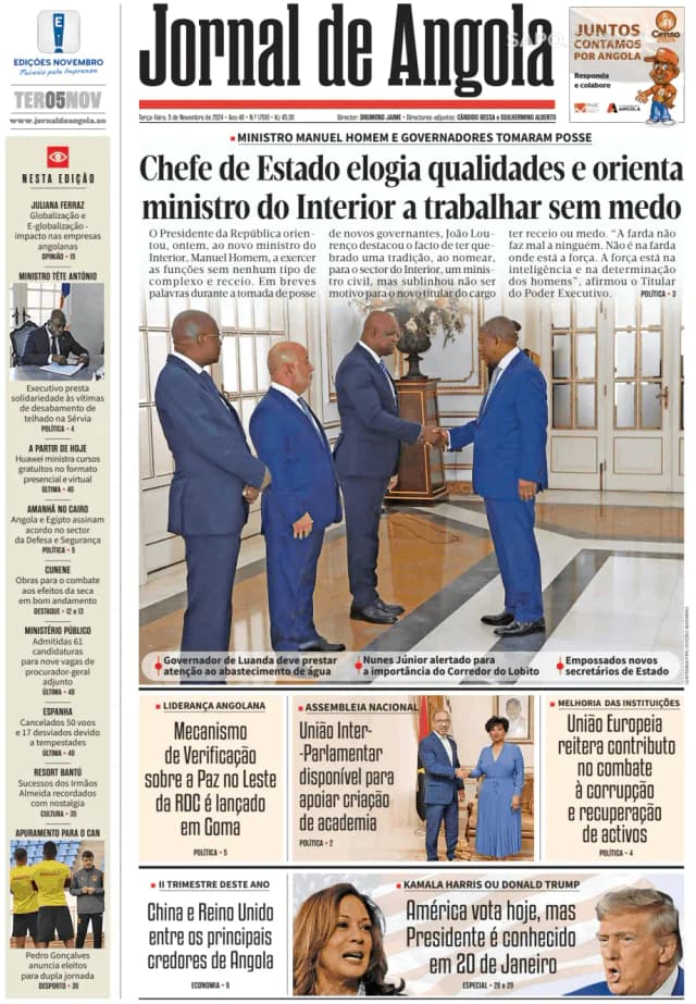 Capa jornal Jornal de Angola 2024-11-05