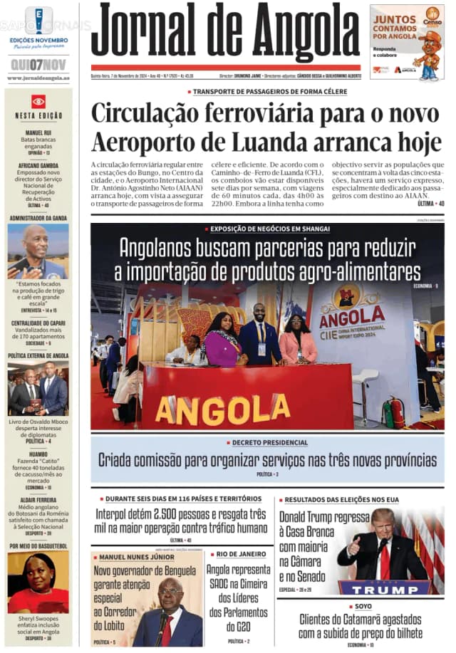 Capa jornal Jornal de Angola 2024-11-07