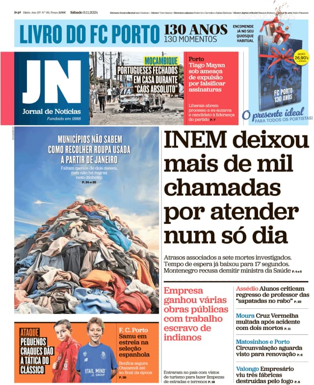 Capa jornal Jornal de Notícias 2024-11-09