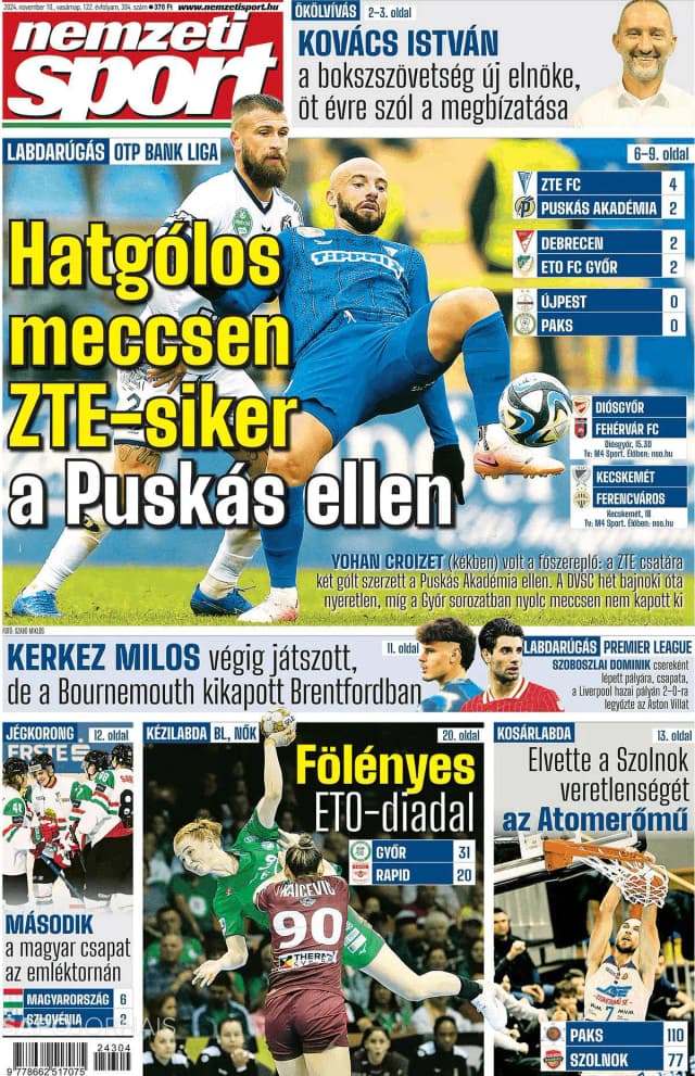 Capa jornal Nemzeti Sport 2024-11-10